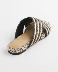 Chico's | Striped Raffia Cross-Strap Slide Sandal/ Black Raffia