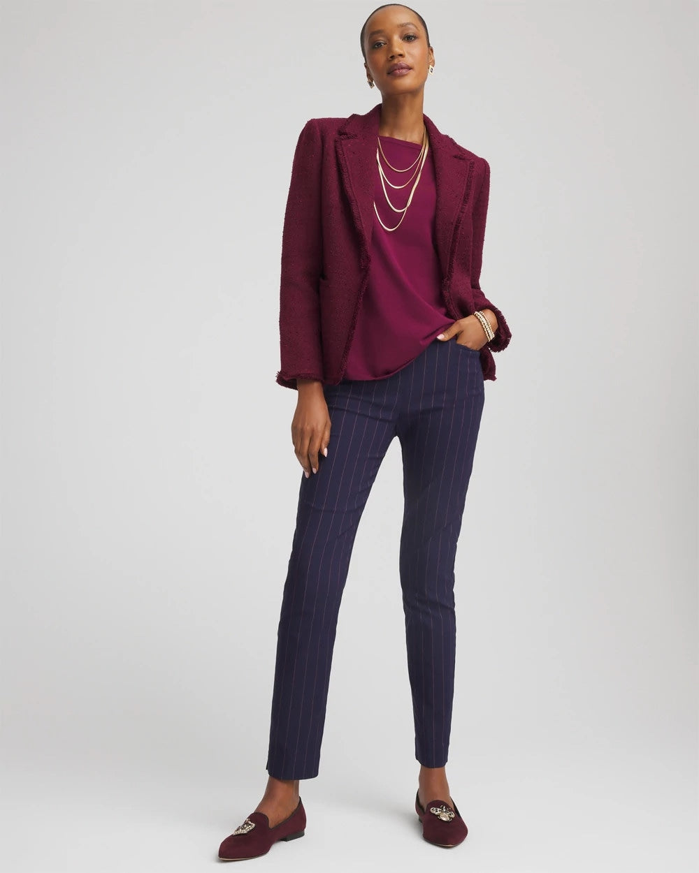 Chico's | Pinstriped Brigitte™ Slim Pull-On Ankle Pants/ Passport Blue