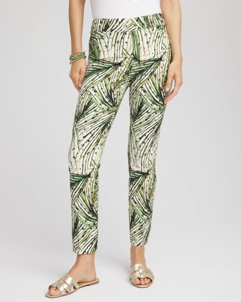 Chico's | Brigitte™ Slim Ankle Palm-Print Pants/ Ecru