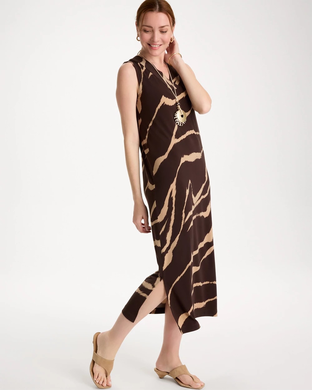 Chico's | Travelers™ Zebra Double V-Neck Maxi Dress/ Cocoa Bean