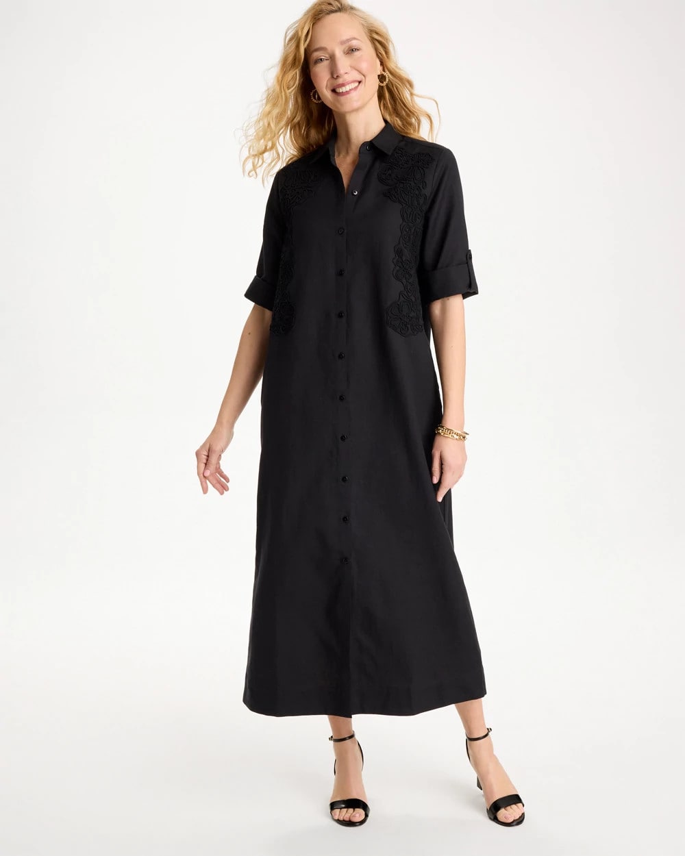 Chico's | Embellished Linen-Cotton Shirtdress/ Black
