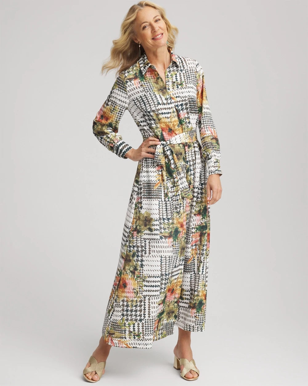 Chico's | Artisanal Floral Print  Maxi Shirtdress/ Ecru