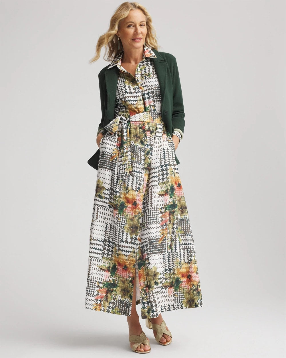 Chico's | Artisanal Floral Print  Maxi Shirtdress/ Ecru