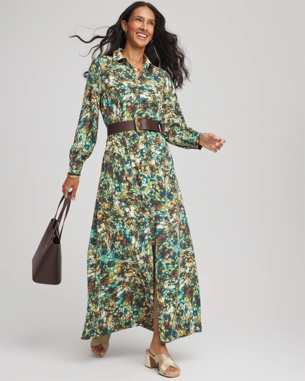 Chico's | Printed Long-Sleeved Shirtdress/ Darkest Spruce