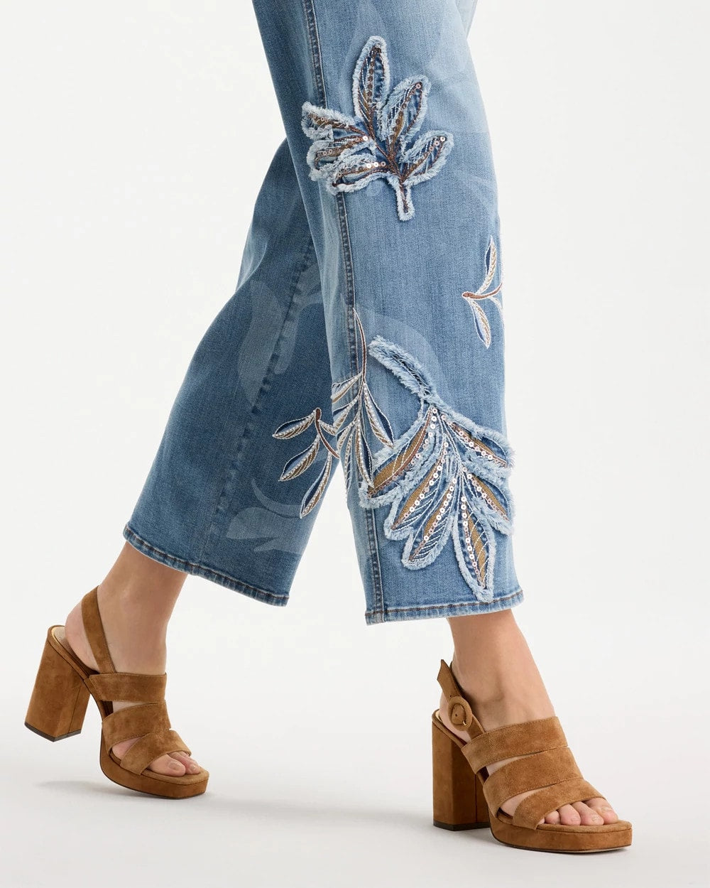 Chico's | Tropical Embroidery Pull-On Wide Crop Jean/ Pashmina Indigo