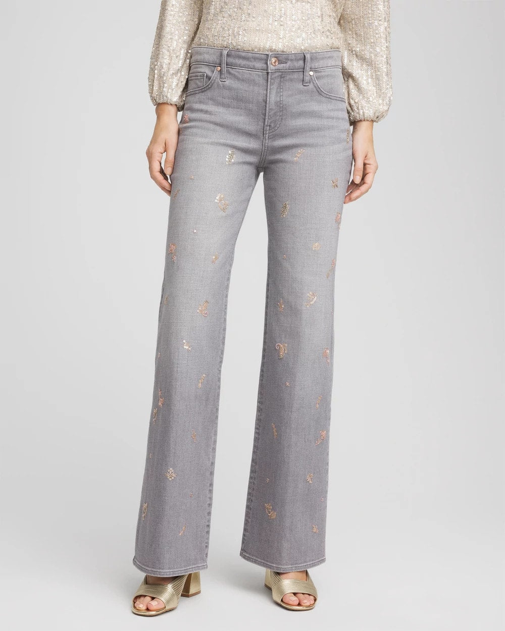 Chico's | Rose Gold Embellished Girlfriend Flared Jeans/ Le Havre Wash