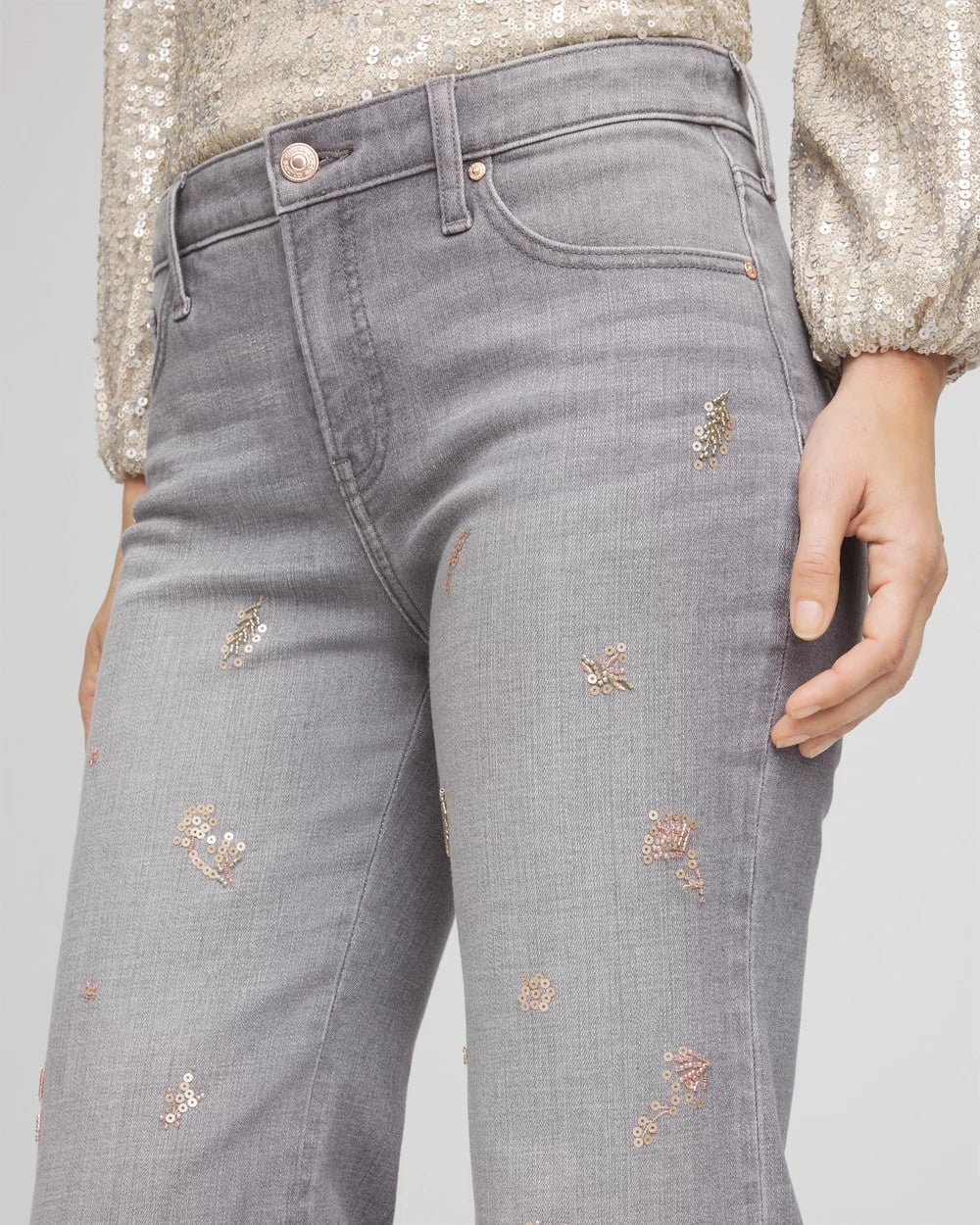 Chico's | Rose Gold Embellished Girlfriend Flared Jeans/ Le Havre Wash