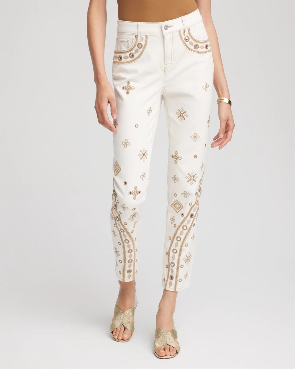 Chico's | Embellished Girlfriend Slim Ankle Jeans/ Sea Salt