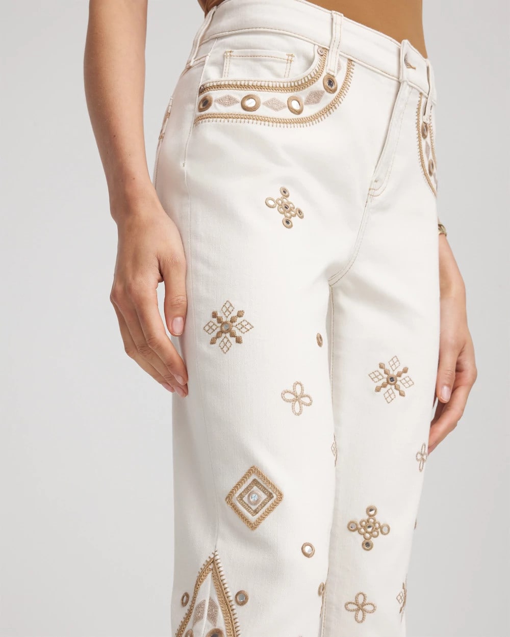 Chico's | Embellished Girlfriend Slim Ankle Jeans/ Sea Salt
