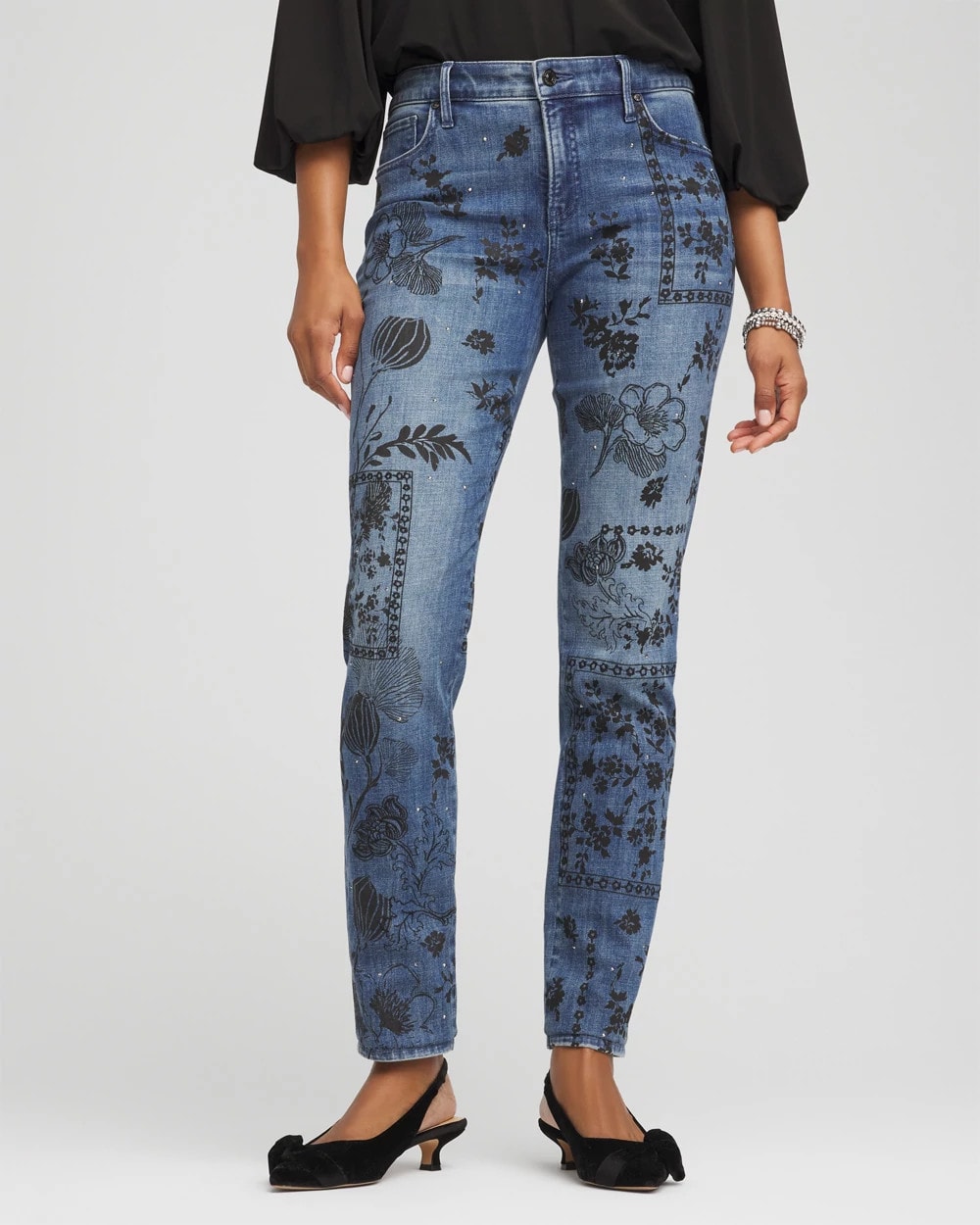 Chico's | Mixed-Media Girlfriend Slim Ankle Jeans/ Emilia Indigo
