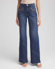 Chico's | Embellished Frayed Flared-Leg Jeans/ Irvina Indigo