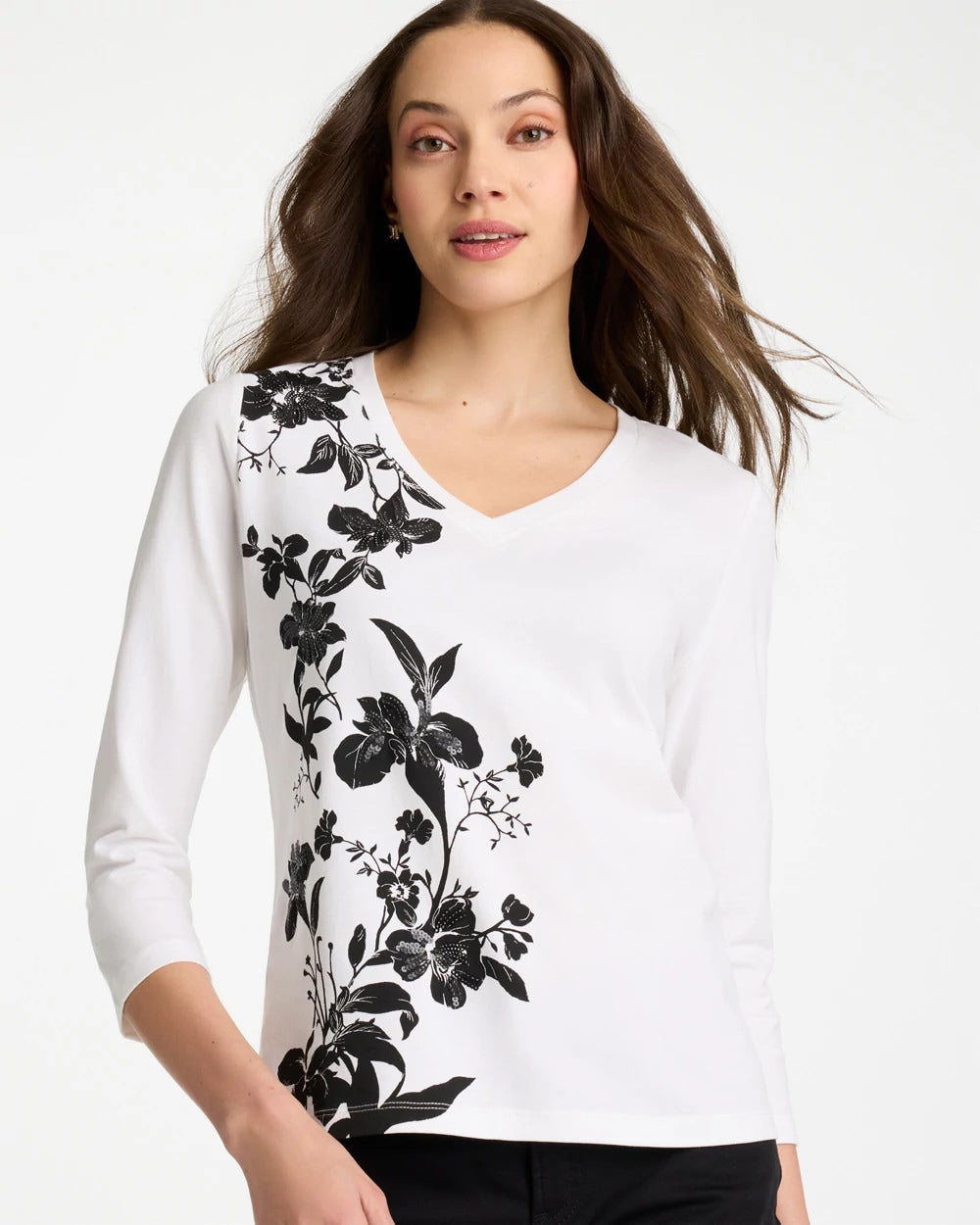 Chico's | Printed Cotton Stretch 3/4 Sleeve Tee/ Black
