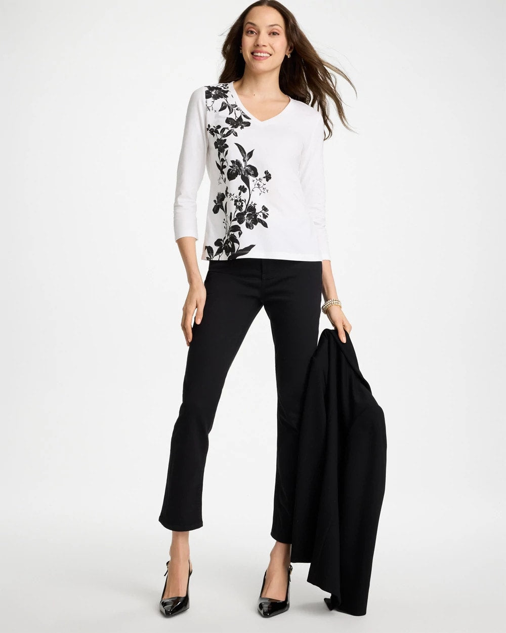 Chico's | Printed Cotton Stretch 3/4 Sleeve Tee/ Black