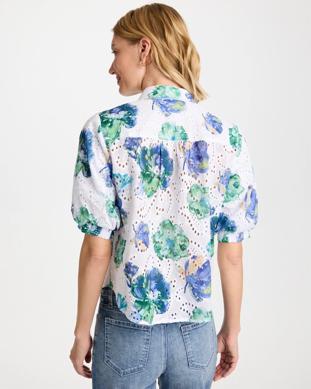 Chico's | Floral Paisley Eyelet Blouse/ Passport Blue
