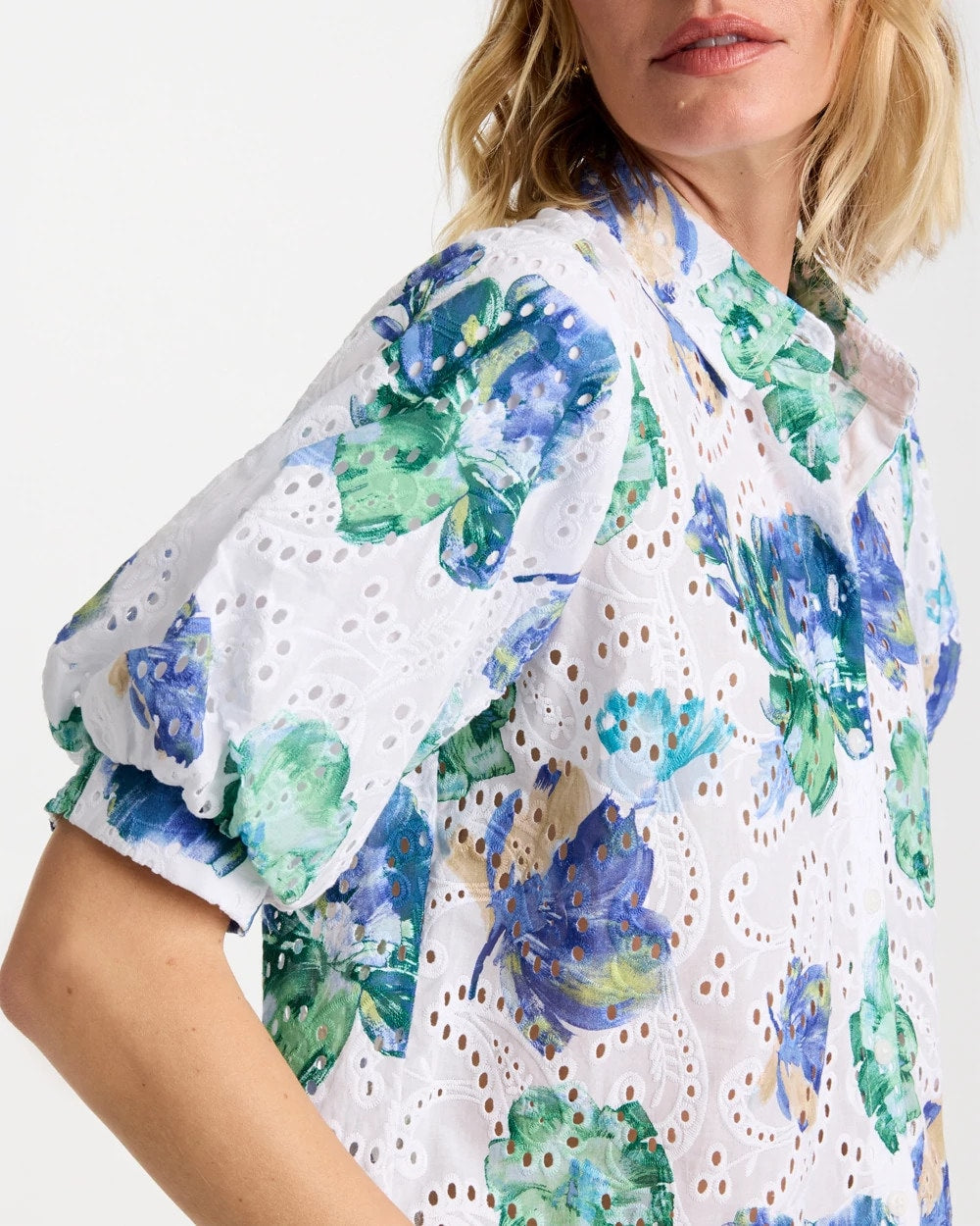 Chico's | Floral Paisley Eyelet Blouse/ Passport Blue