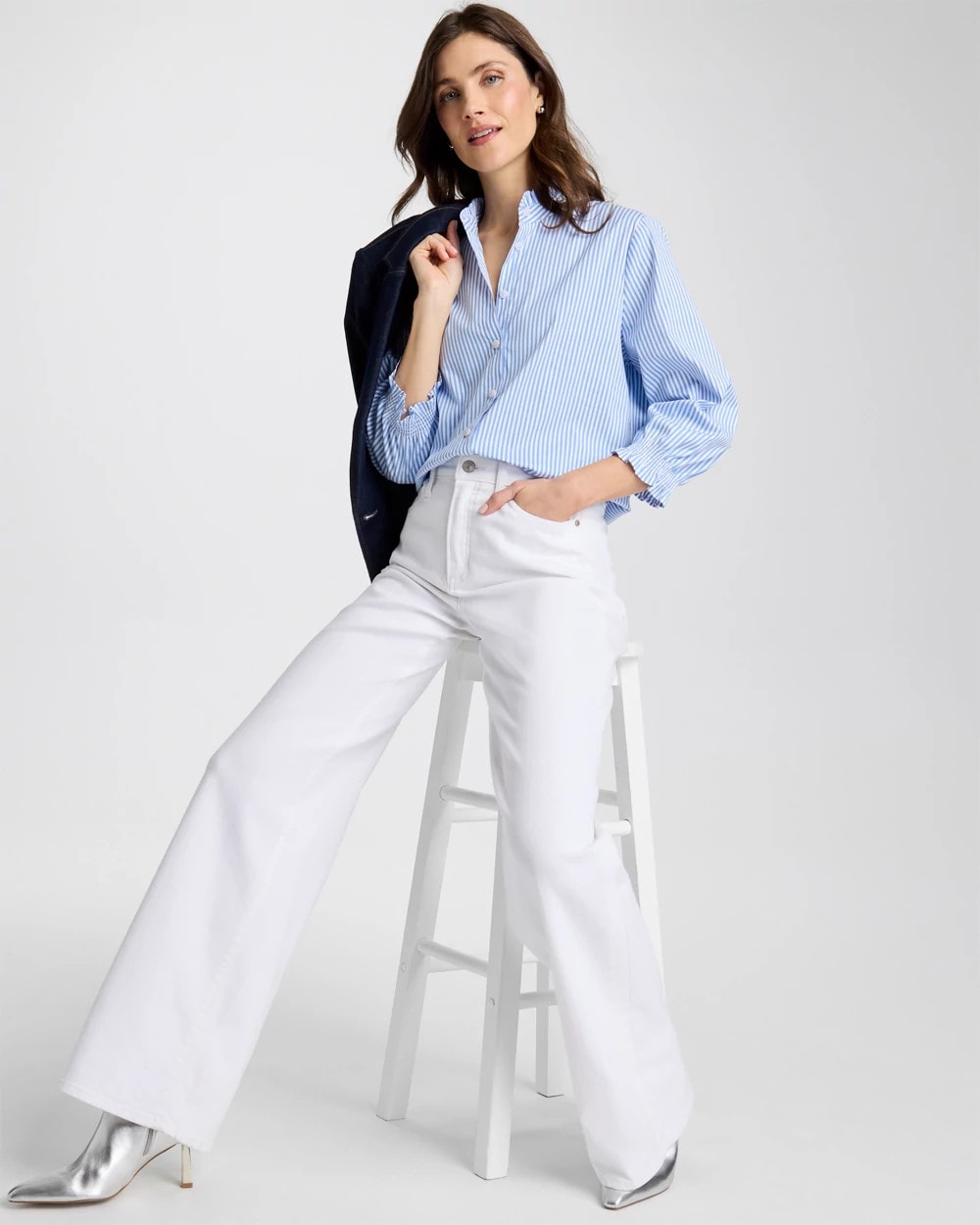 Chico's | Striped Poplin Ruffle Neck Shirt/ Tidal Blue
