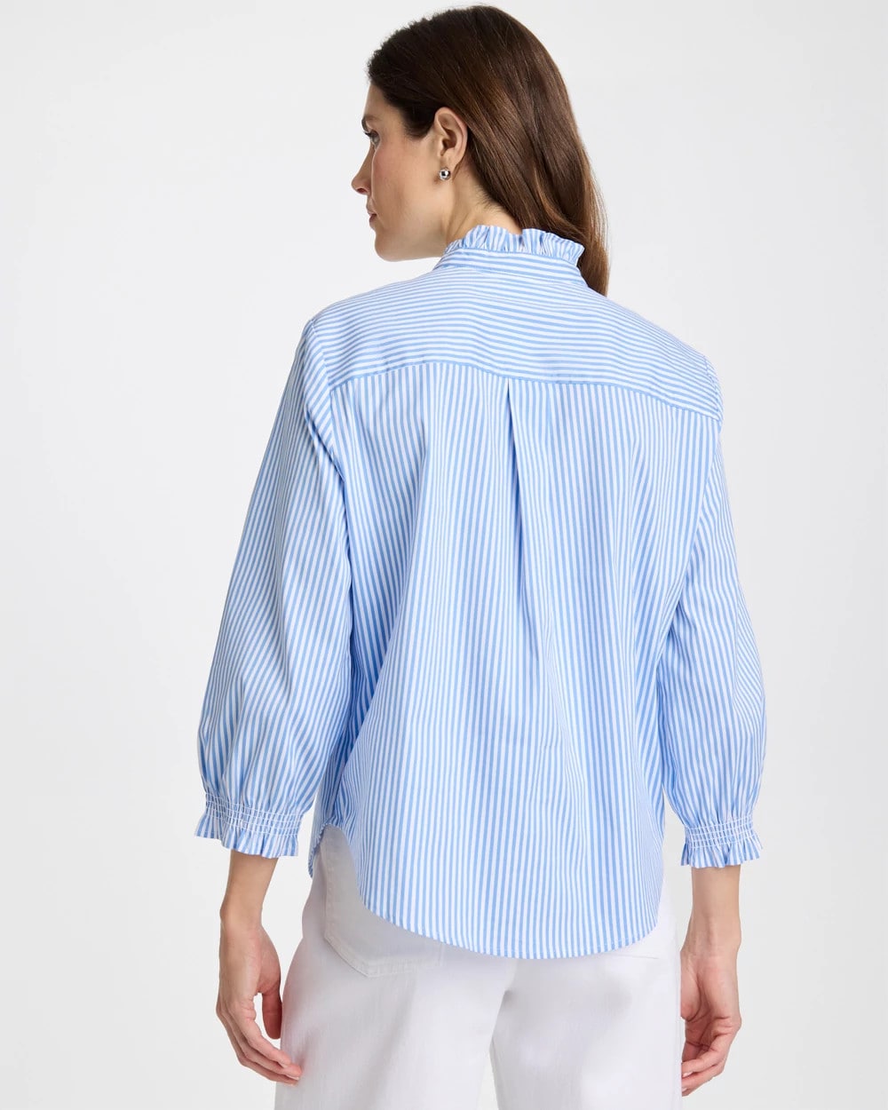 Chico's | Striped Poplin Ruffle Neck Shirt/ Tidal Blue