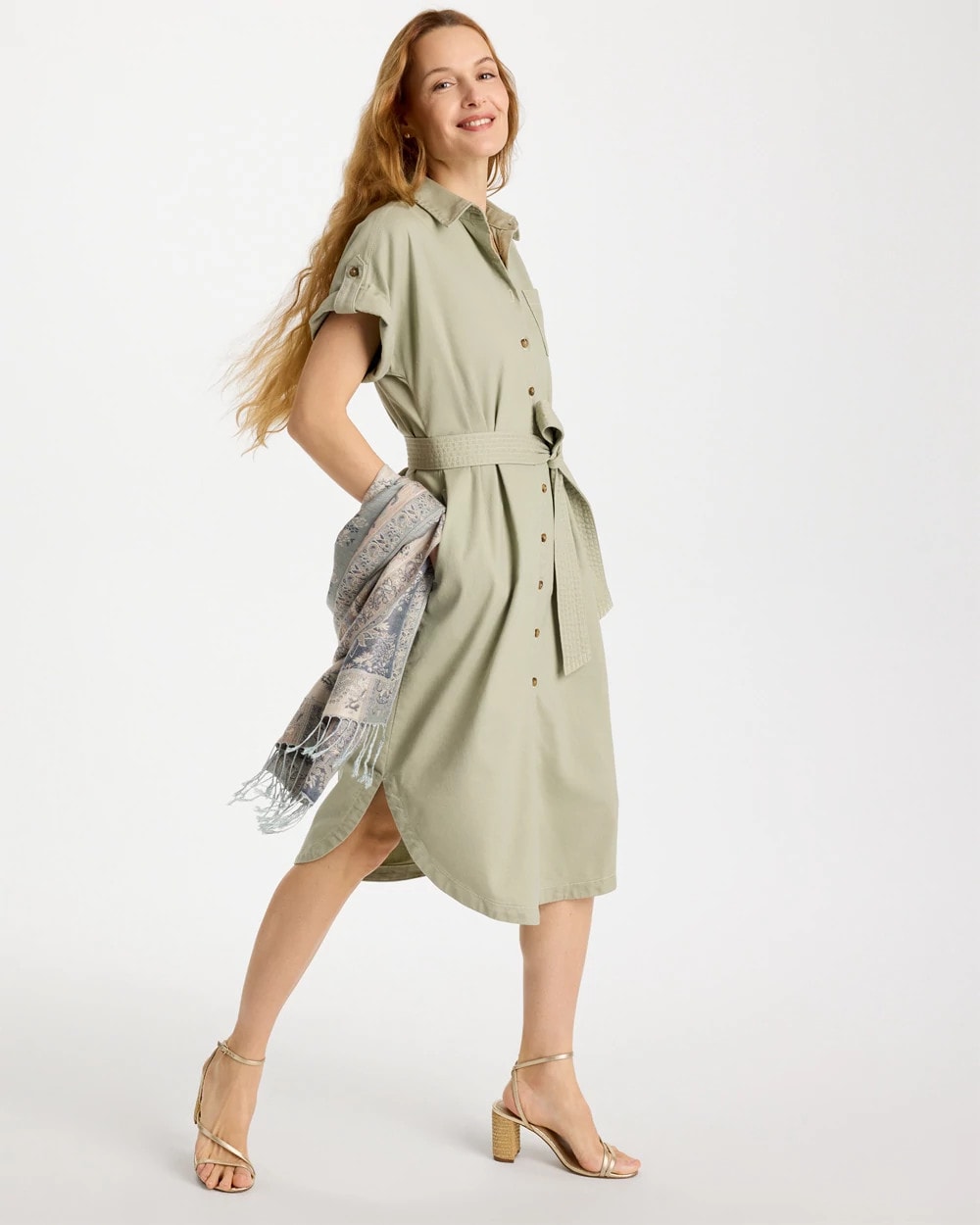 Chico's | Dolman Tie Hemp Denim Shirtdress/ Seagrass Green
