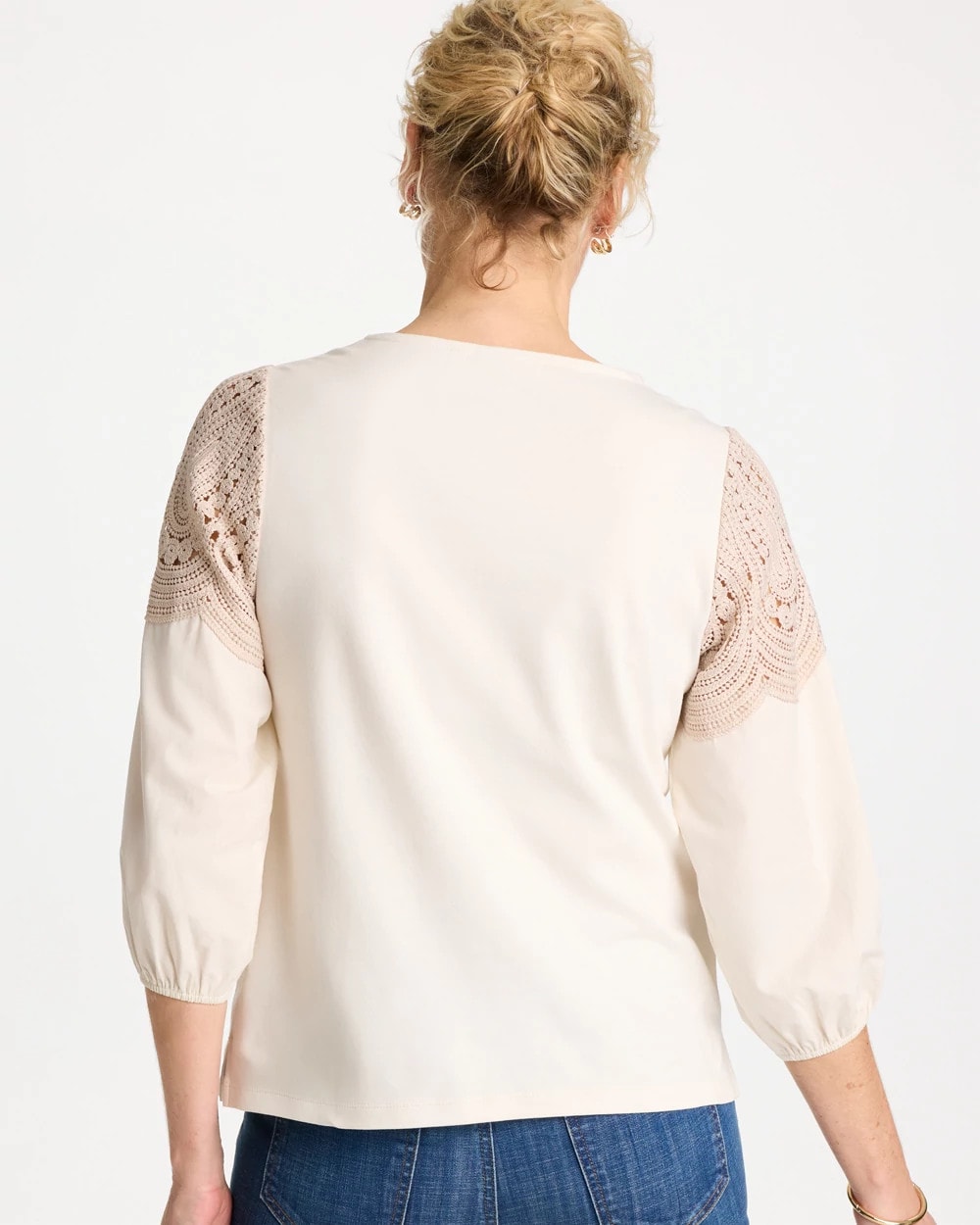 Chico's | Lace Crochet Sleeve Tee/ Ecru