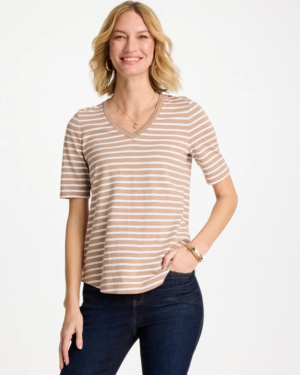Chico's | Striped Cotton Slub V-Neck Tee/ Cattail Brown