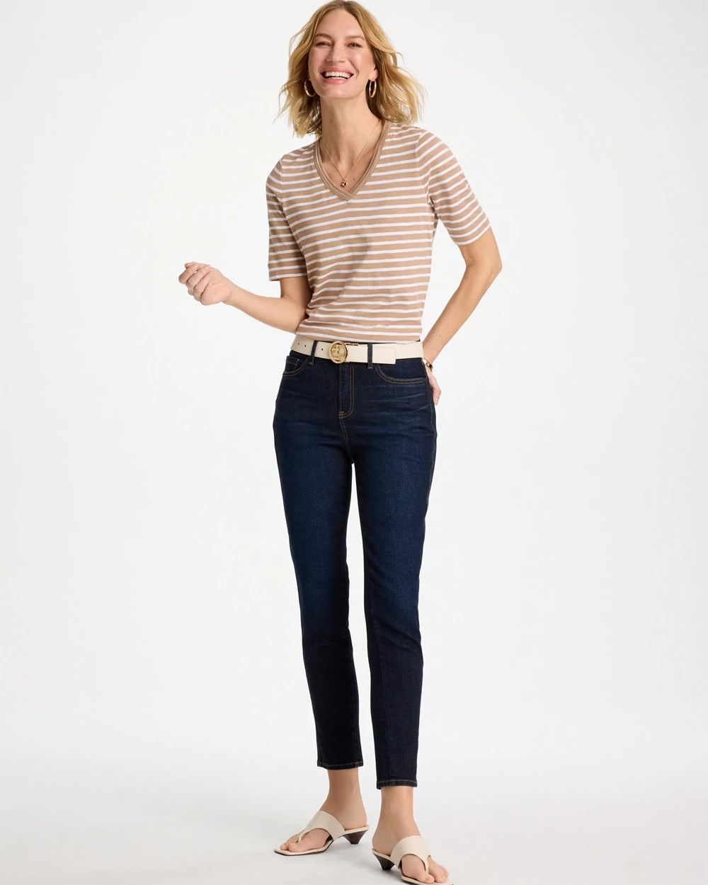 Chico's | Striped Cotton Slub V-Neck Tee/ Cattail Brown