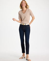 Chico's | Striped Cotton Slub V-Neck Tee/ Cattail Brown