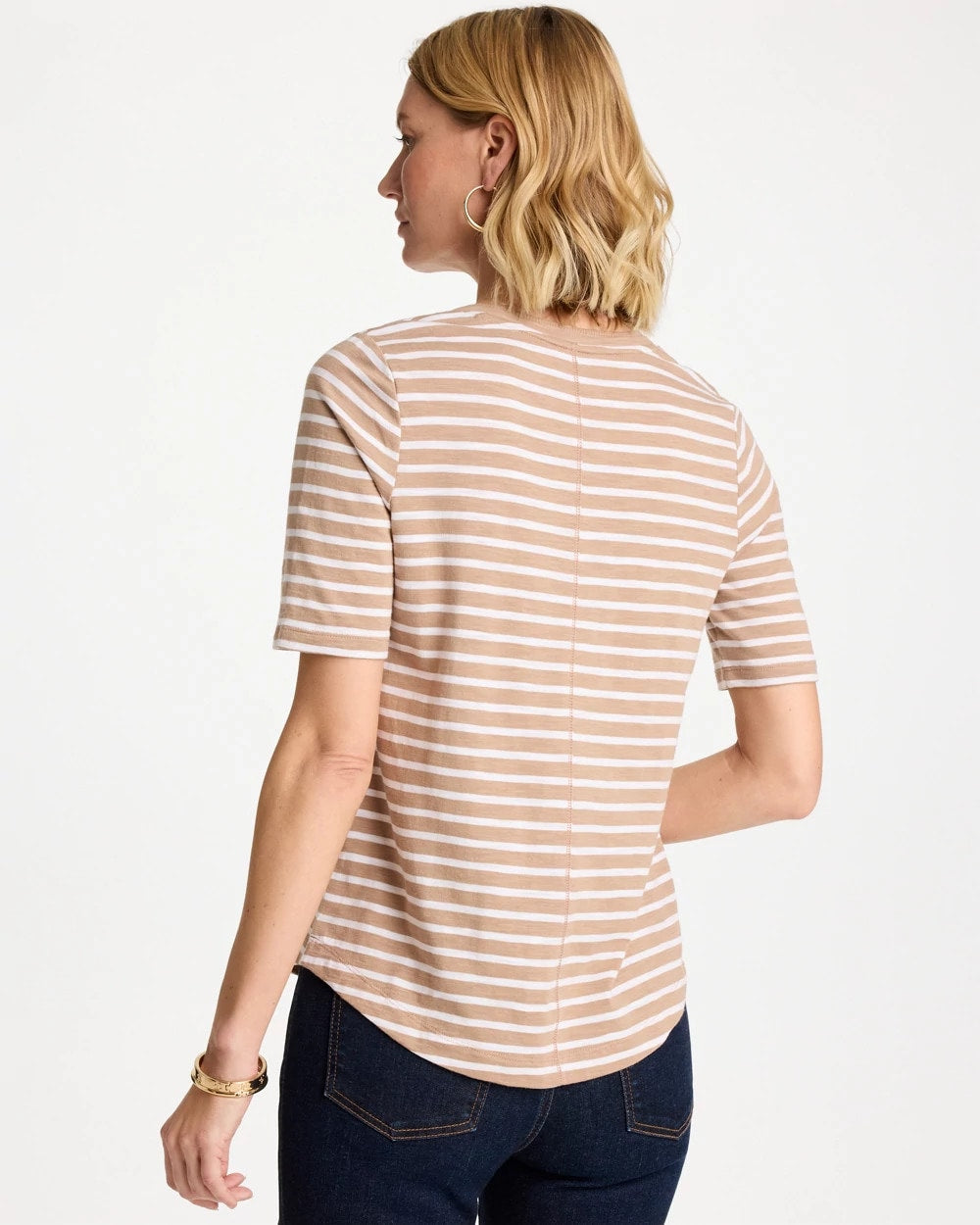 Chico's | Striped Cotton Slub V-Neck Tee/ Cattail Brown