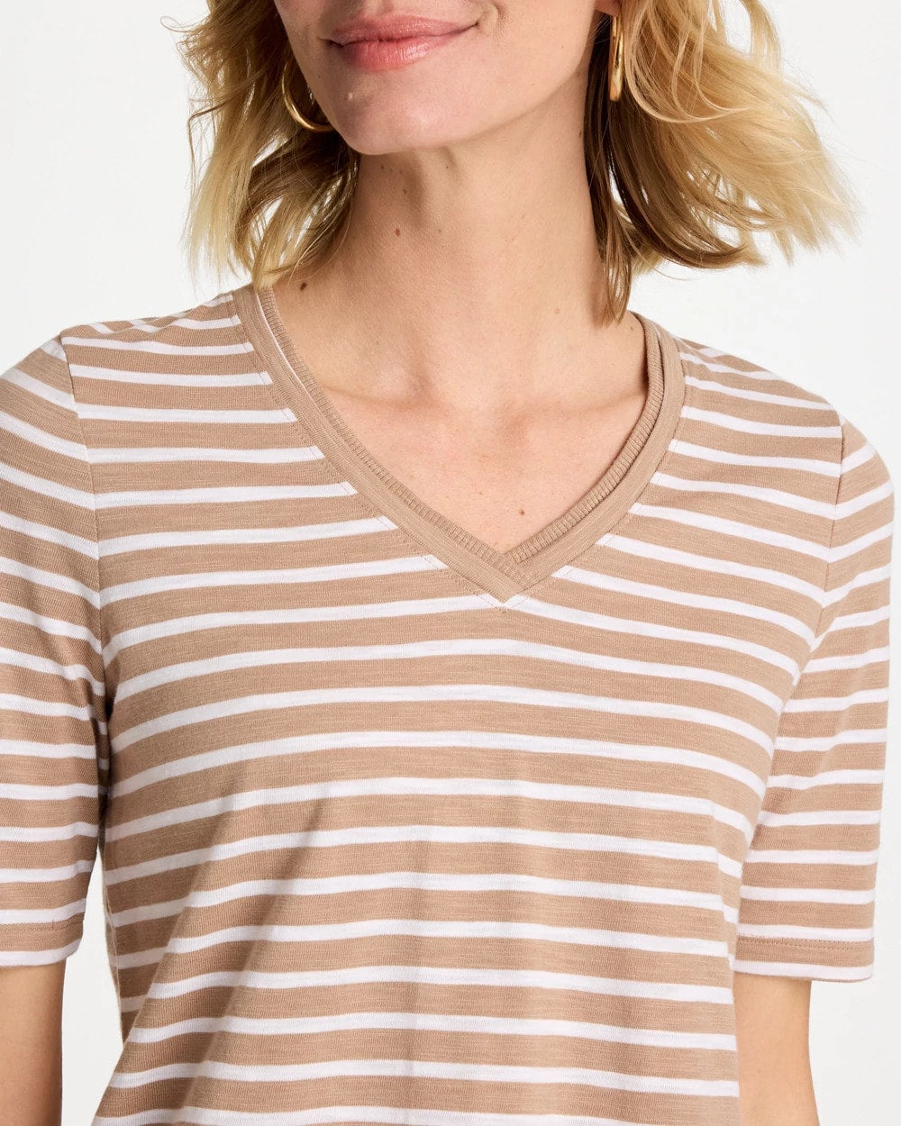 Chico's | Striped Cotton Slub V-Neck Tee/ Cattail Brown