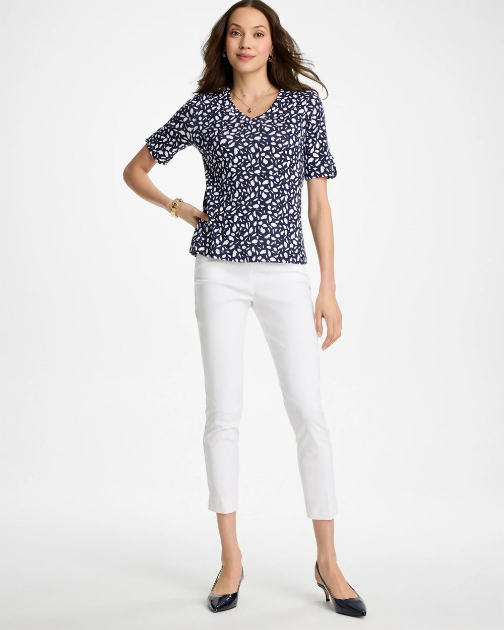 Chico's | Printed Pima V-Neck Tee/ Passport Blue