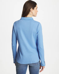 Chico's | Knit Woven Mix Rib Henley/ Tidal Blue