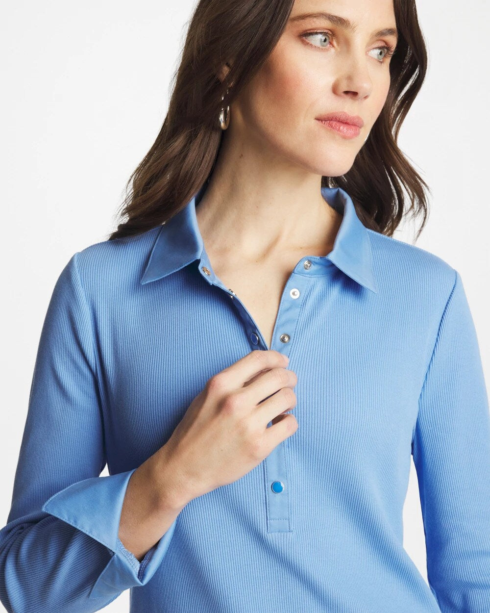 Chico's | Knit Woven Mix Rib Henley/ Tidal Blue