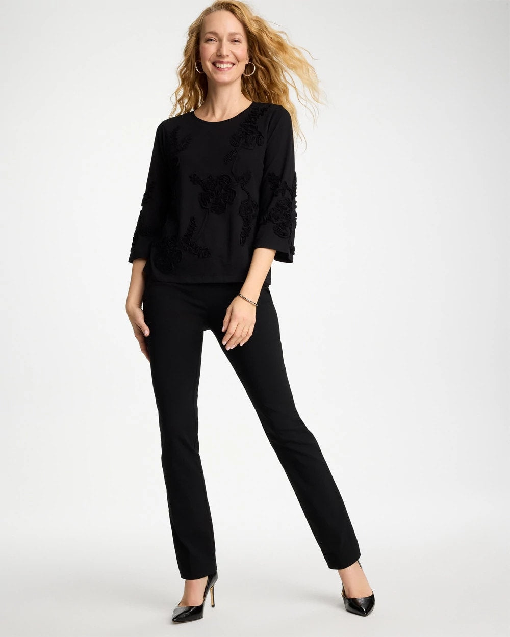 Chico's | Soutache Elbow Sleeve Tee/ Black