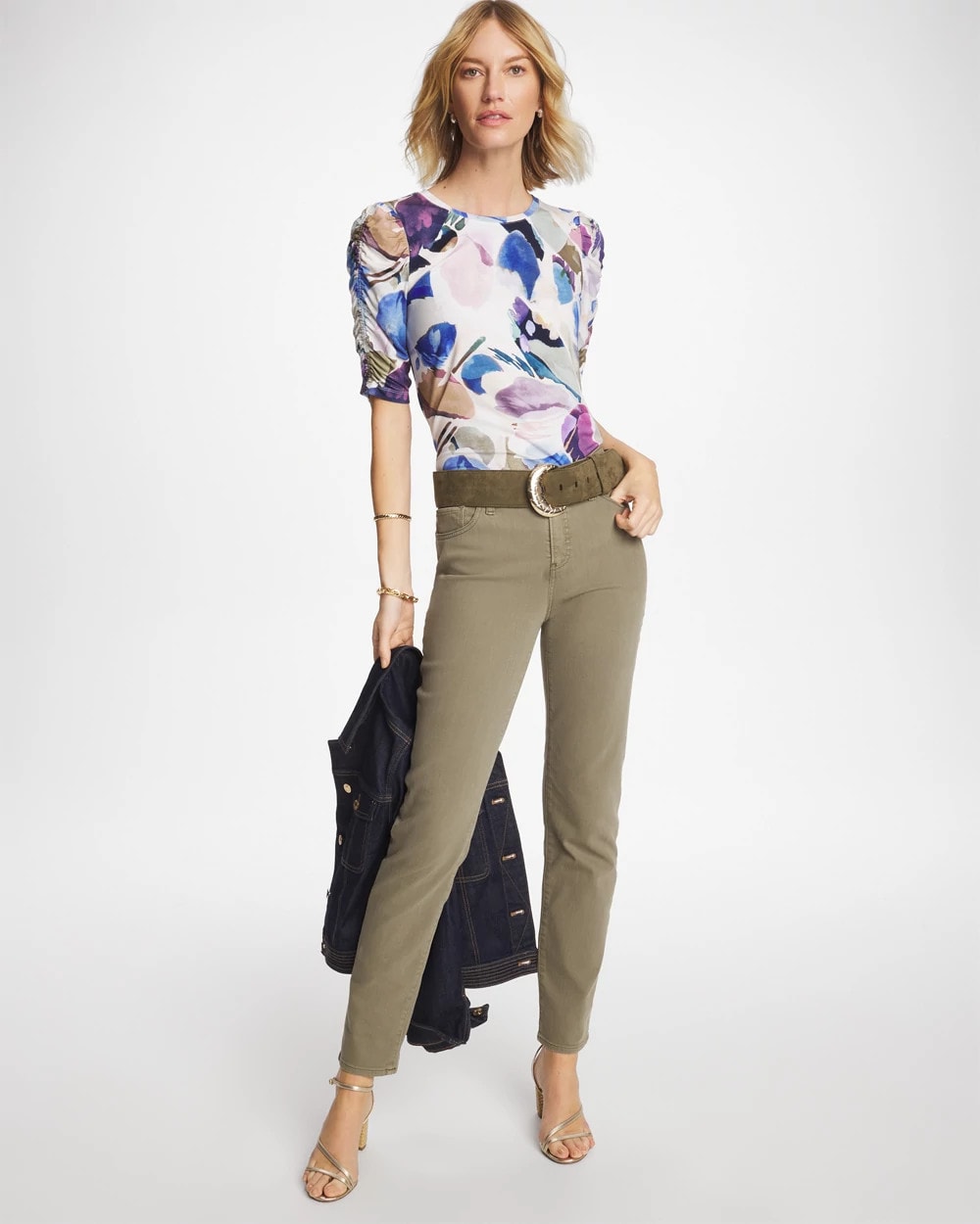 Chico's | Geo Blur Ruched Sleeve Tee/ Passport Blue