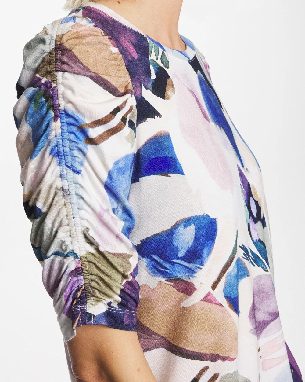 Chico's | Geo Blur Ruched Sleeve Tee/ Passport Blue