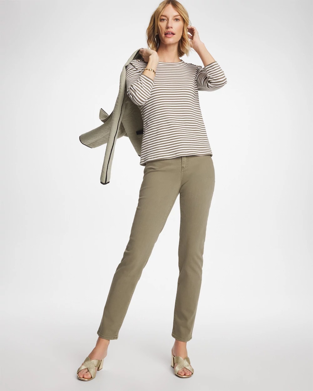 Chico's | Striped Ribbed Button Crewneck Tee/ Lichen