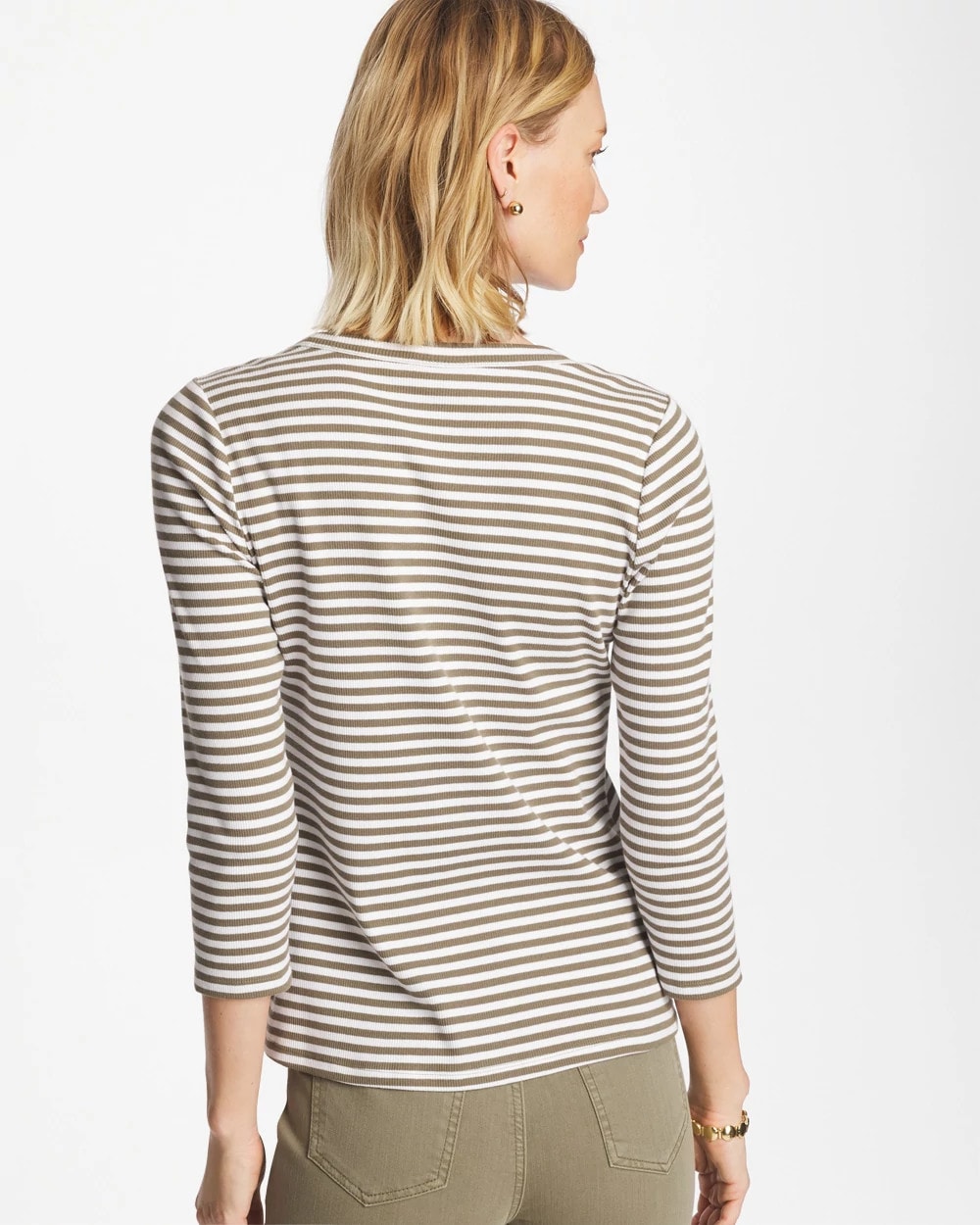 Chico's | Striped Ribbed Button Crewneck Tee/ Lichen