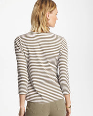 Chico's | Striped Ribbed Button Crewneck Tee/ Lichen