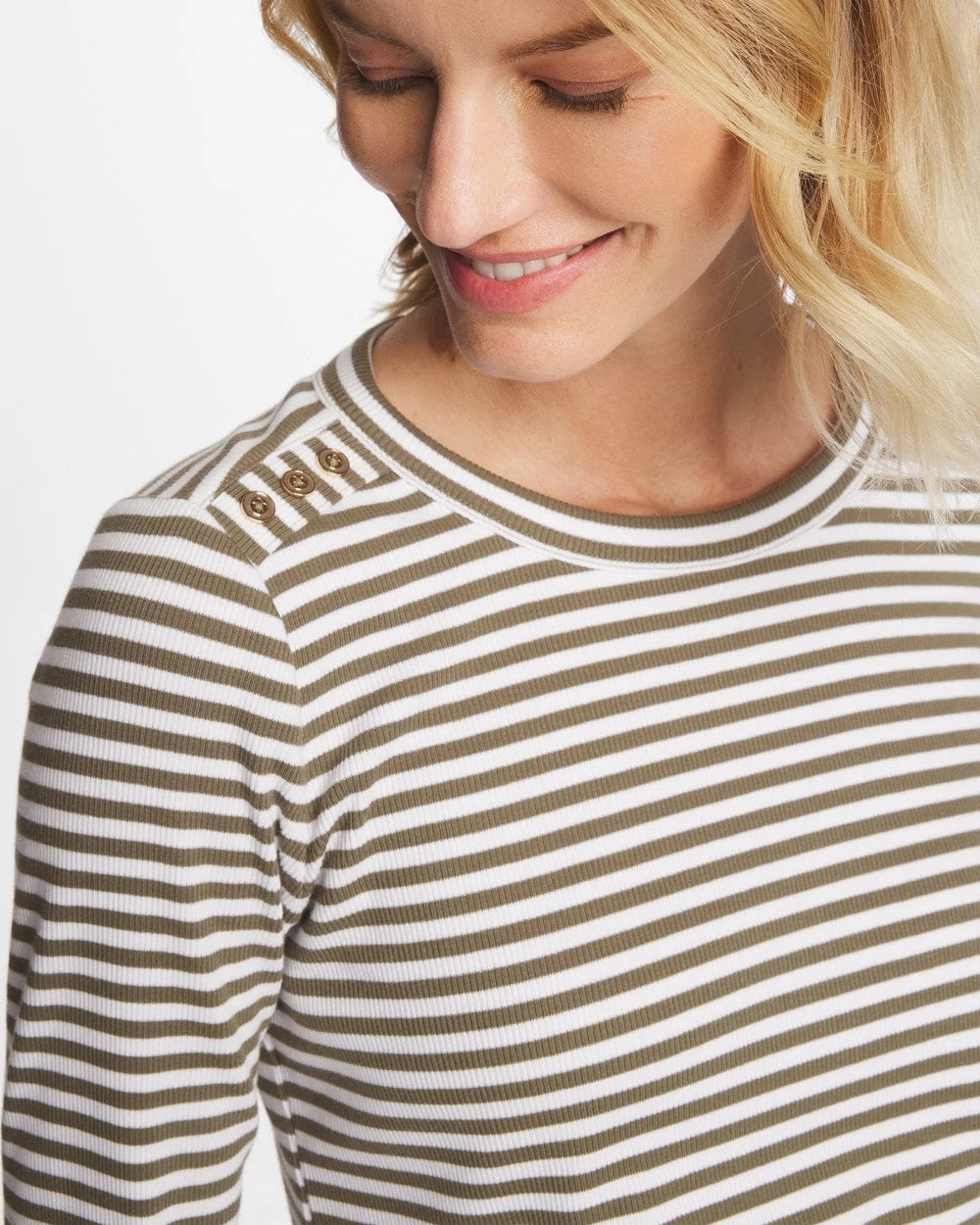 Chico's | Striped Ribbed Button Crewneck Tee/ Lichen