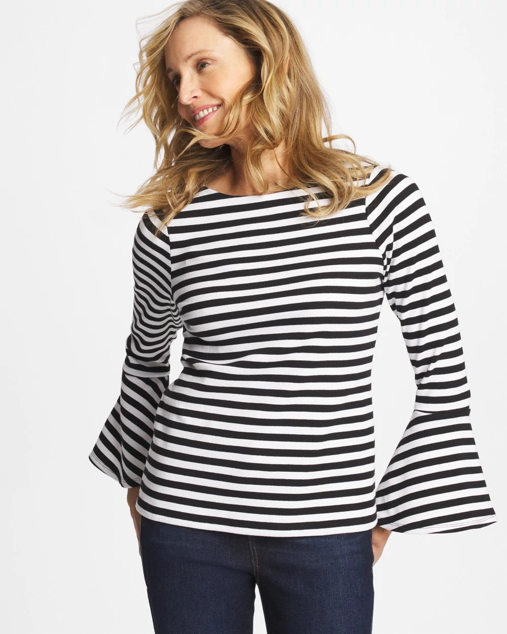 Chico's | Striped Rib Knit Bell Sleeve Top/ Black