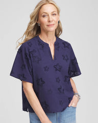 Chico's | Embroidered Star Split Neck Blouse/ Passport Blue