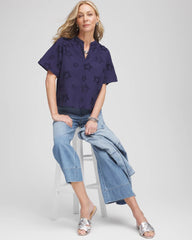Chico's | Embroidered Star Split Neck Blouse/ Passport Blue