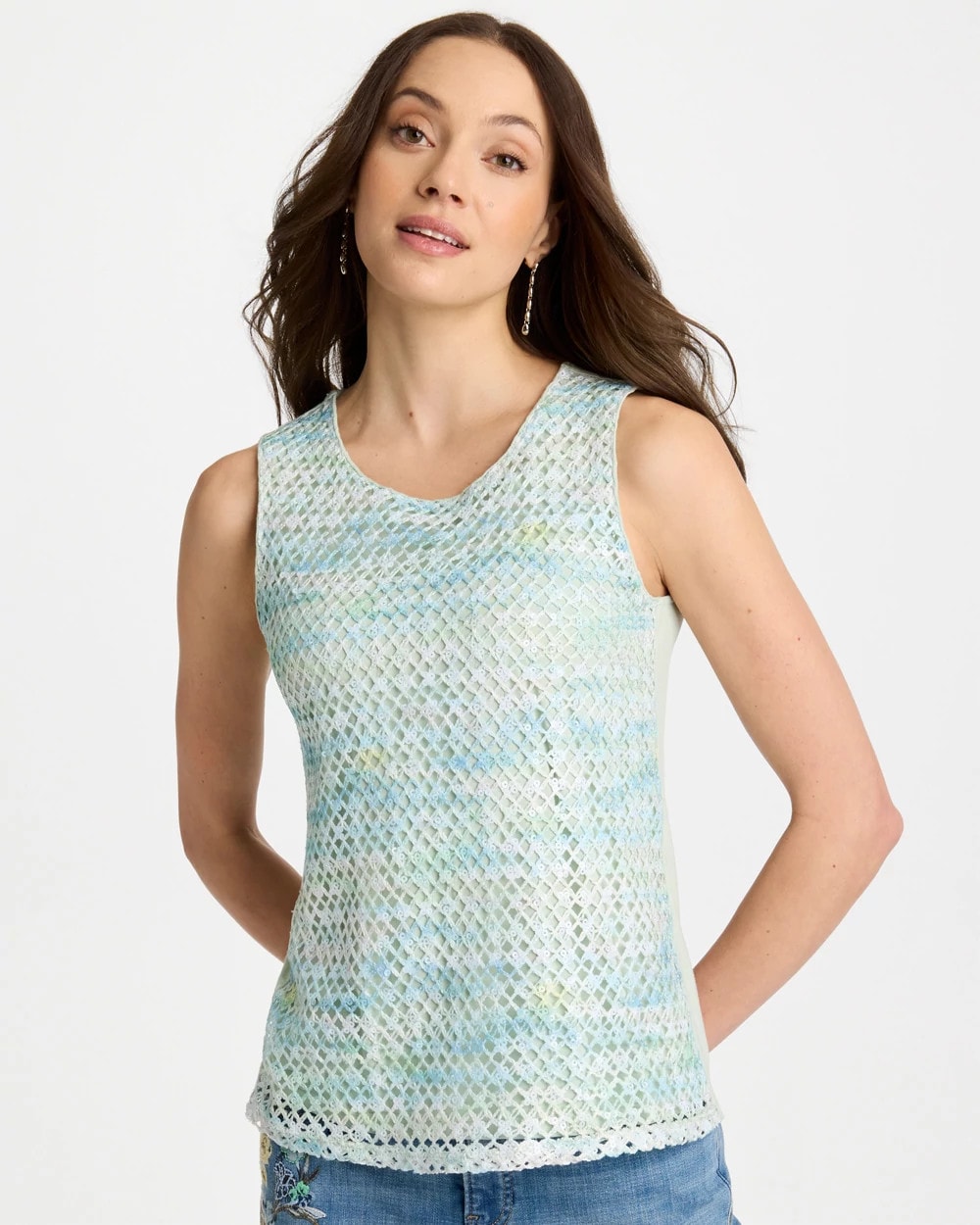 Chico's | Mermaid Sequin Mesh Crochet Tank/ Blue Orchid