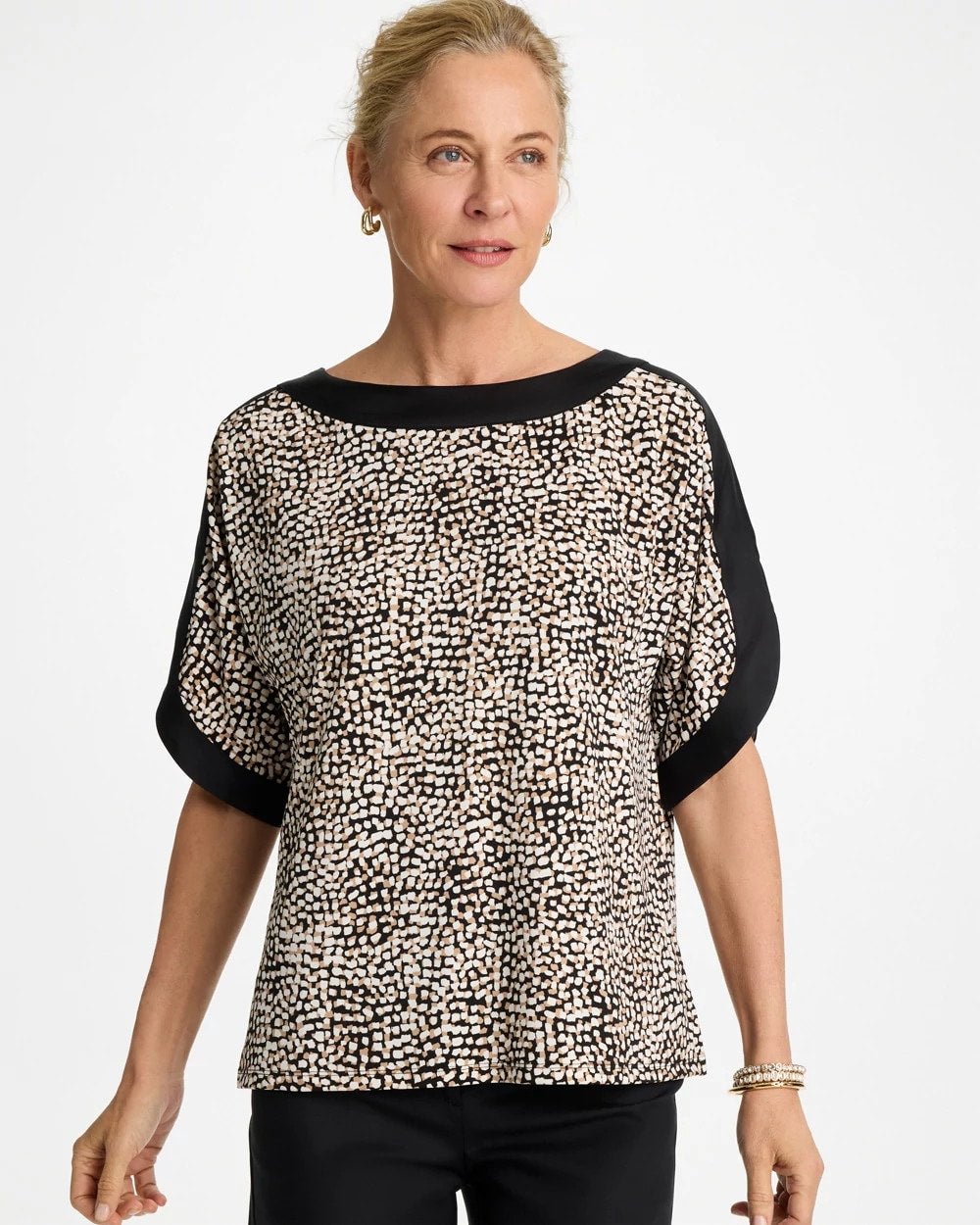 Chico's | Printed Jersey & Satin Dolman Tee/ Cattail Brown
