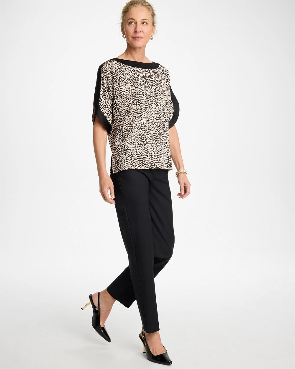 Chico's | Printed Jersey & Satin Dolman Tee/ Cattail Brown