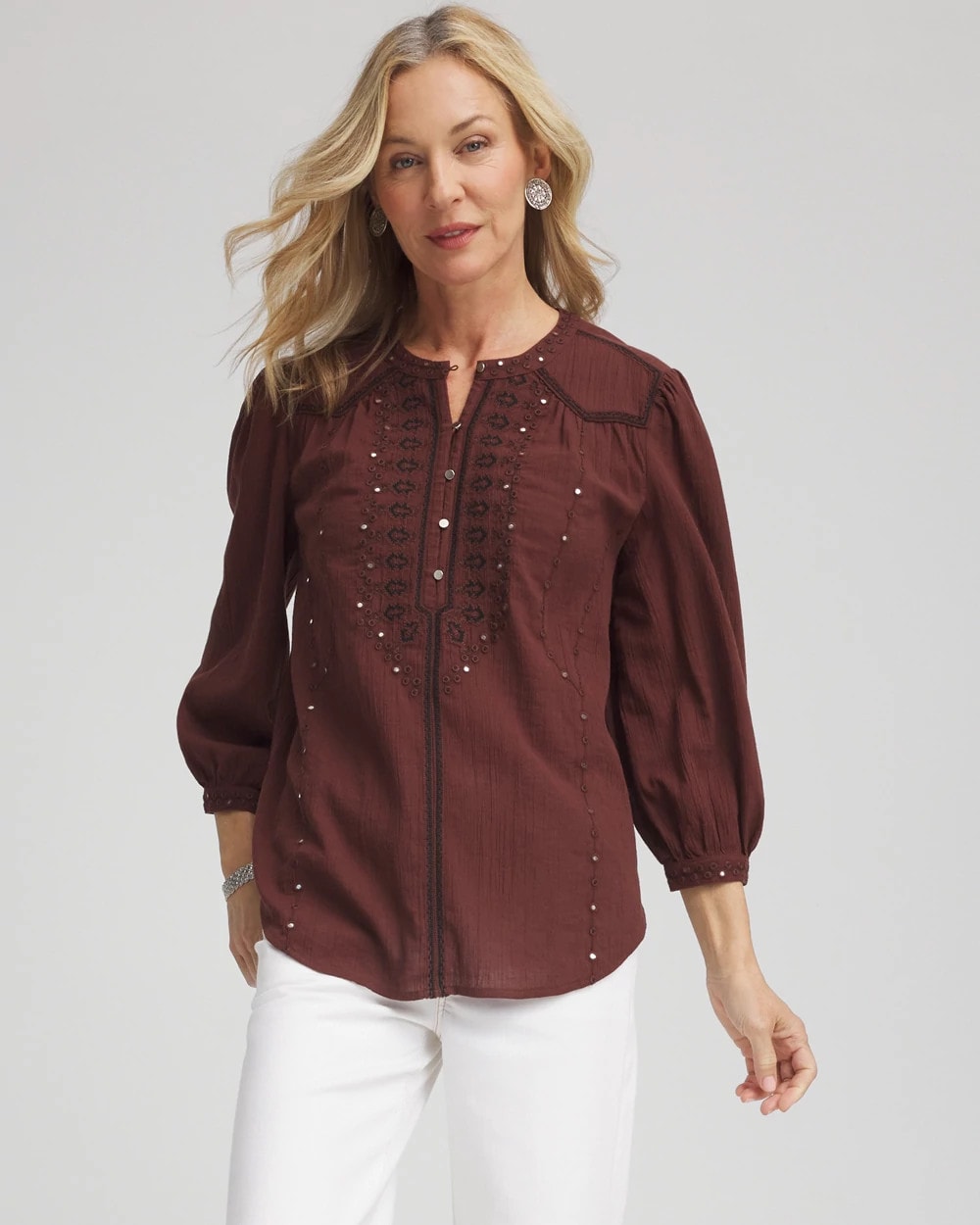 Chico's | Embroidered Crinkle-Cotton Blouse/ Cacao