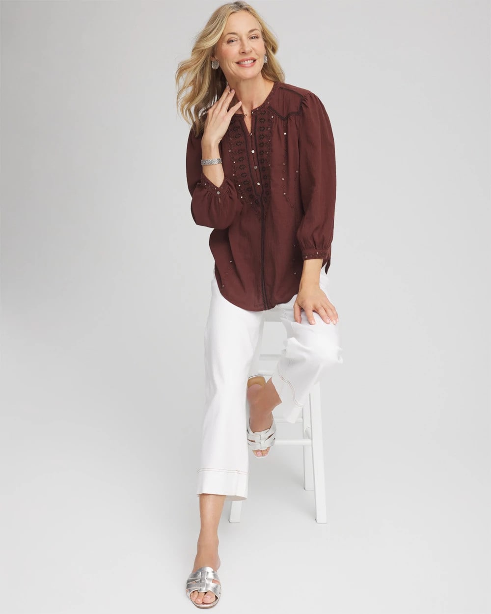 Chico's | Embroidered Crinkle-Cotton Blouse/ Cacao