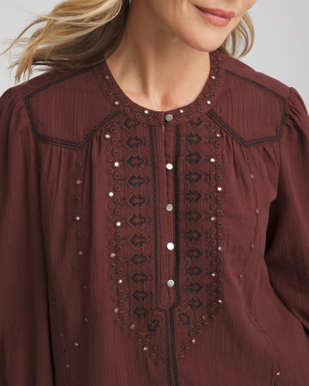 Chico's | Embroidered Crinkle-Cotton Blouse/ Cacao