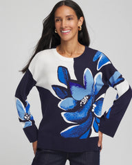 Chico's | Floral Intarsia Crewneck Pullover/ Tidal Blue