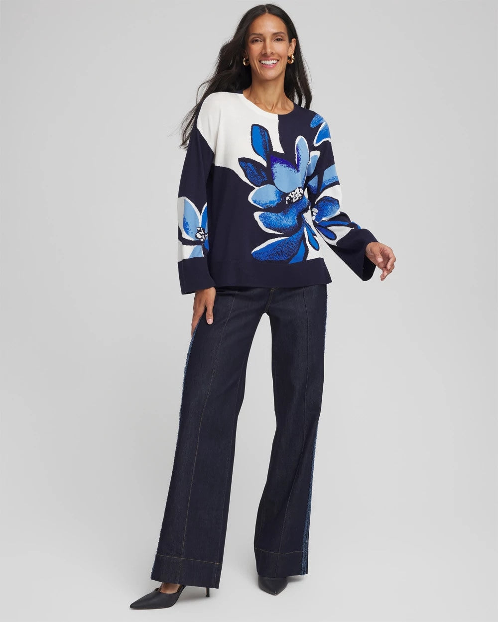 Chico's | Floral Intarsia Crewneck Pullover/ Tidal Blue