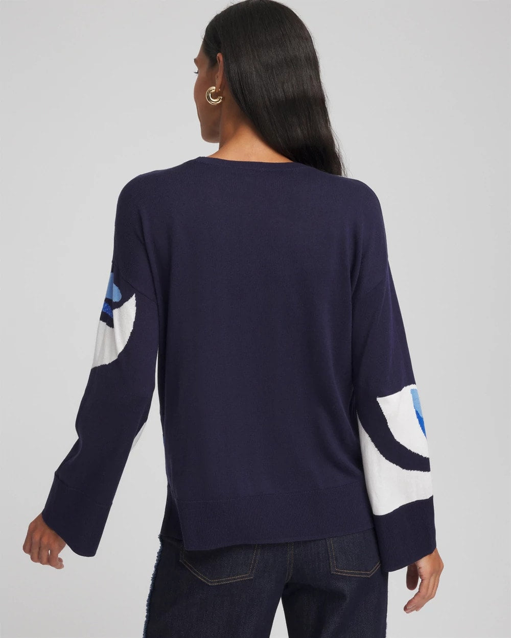 Chico's | Floral Intarsia Crewneck Pullover/ Tidal Blue